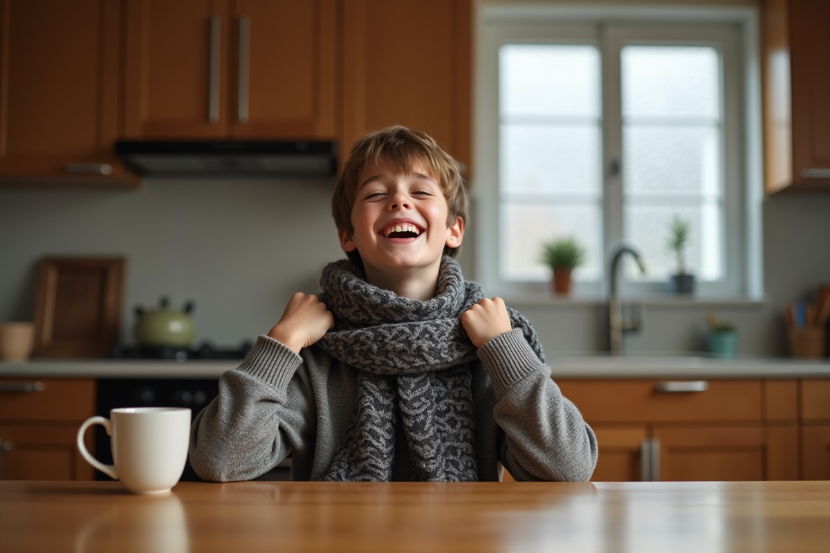 Adolescent riant en nouant une écharpe dans la cuisine