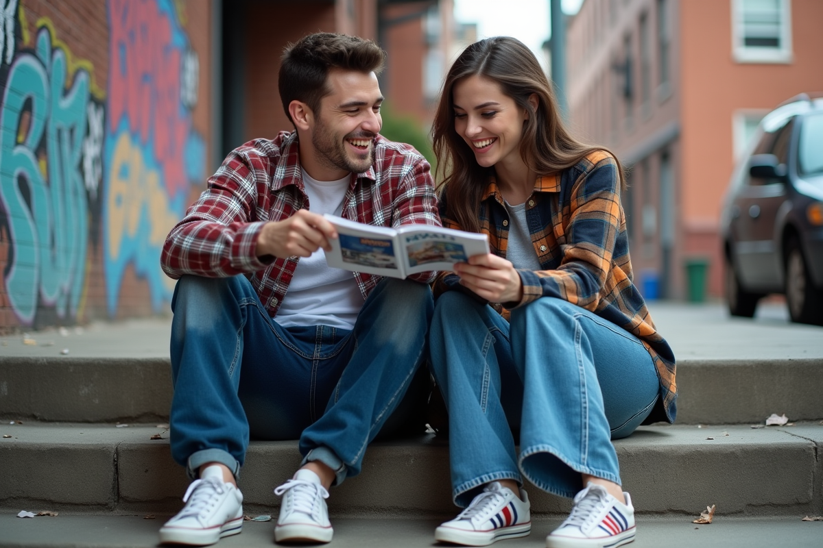 Deux amis en streetwear des années 90 partageant un magazine