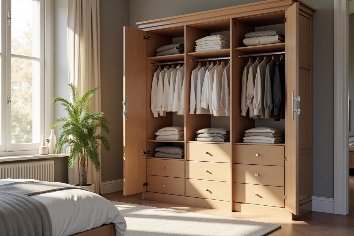 Armoire bien rangée avec vêtements de marques françaises