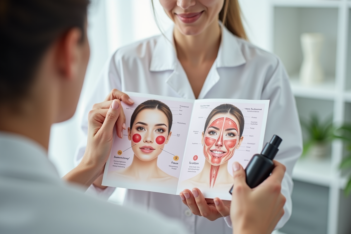 Cosmetologue expliquant soin visage avec diagramme et produits