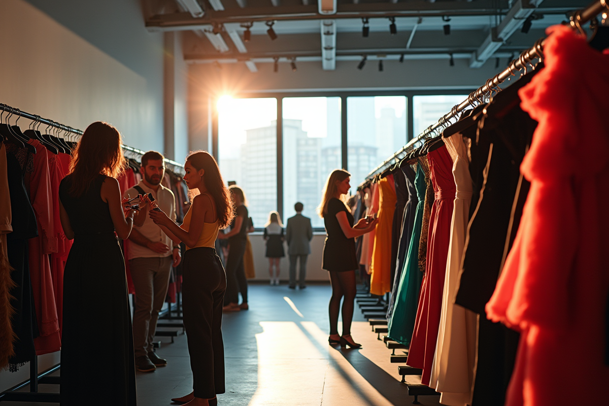 Coulisses d un défilé de luxe avec préparatifs et vêtements colorés