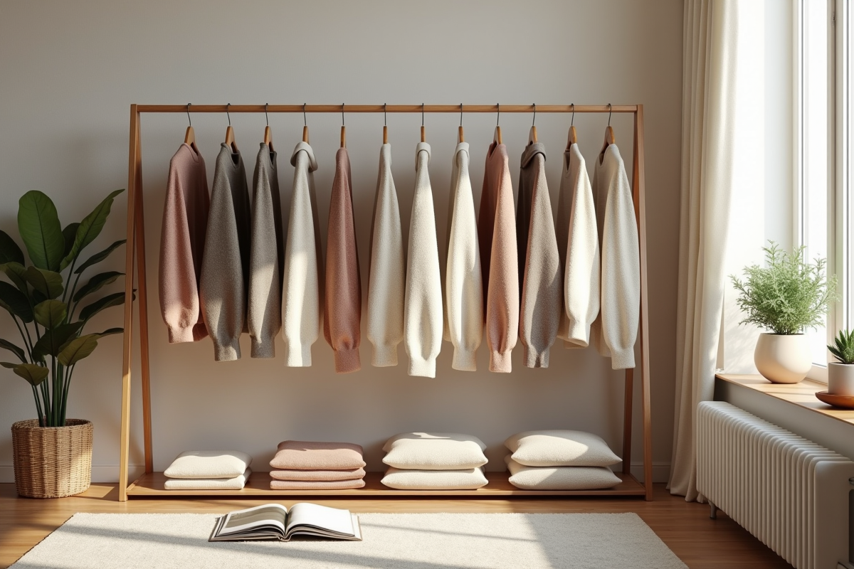Intérieur cosy avec pulls tendance et plantes vertes