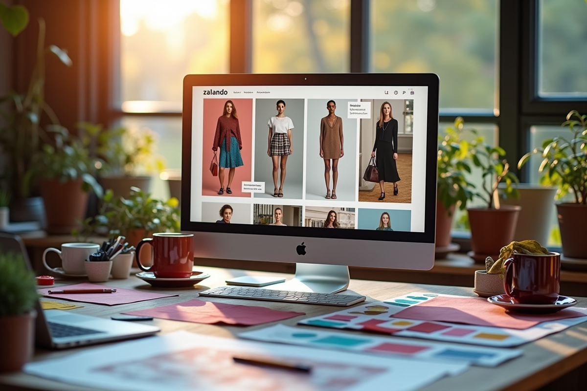 Espace de travail créatif avec site Zalando et croquis de mode