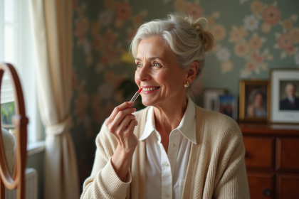 Femme de 60 ans appliquant du rouge à lèvres coral