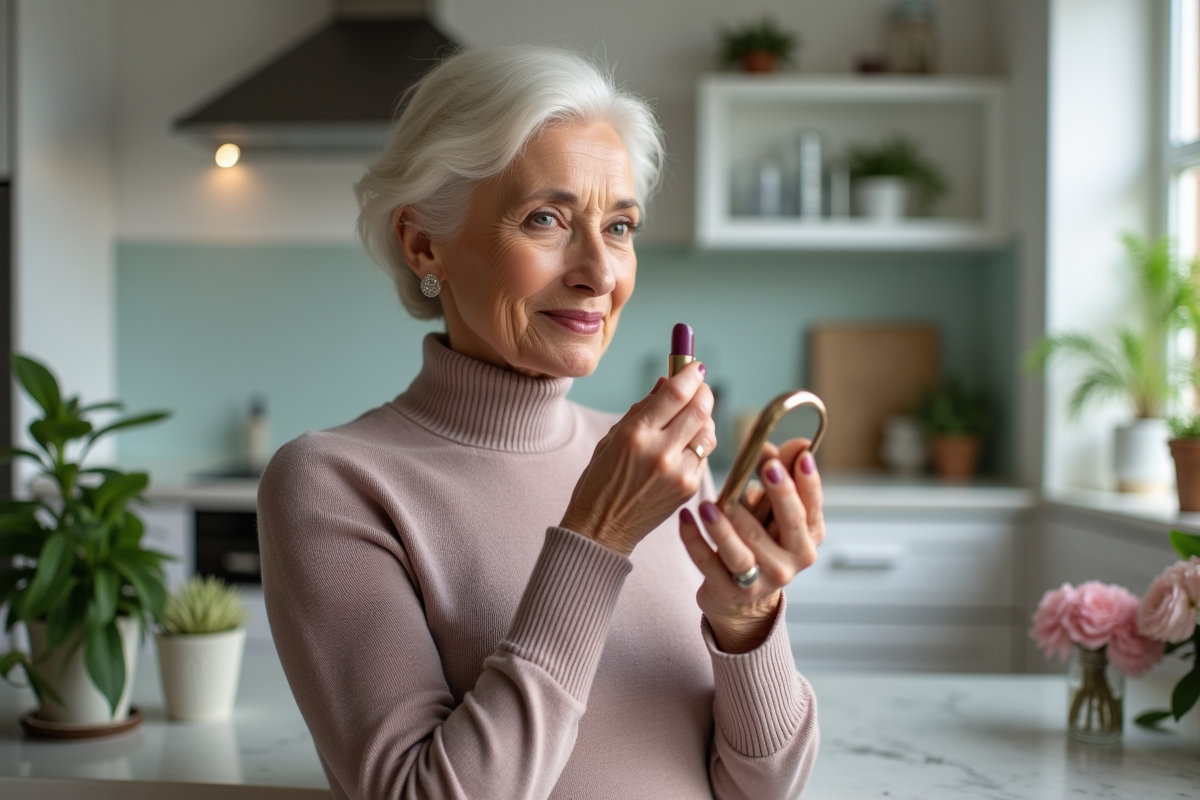 Femme de 70 ans testant un rouge à lèvres mauve dans la cuisine
