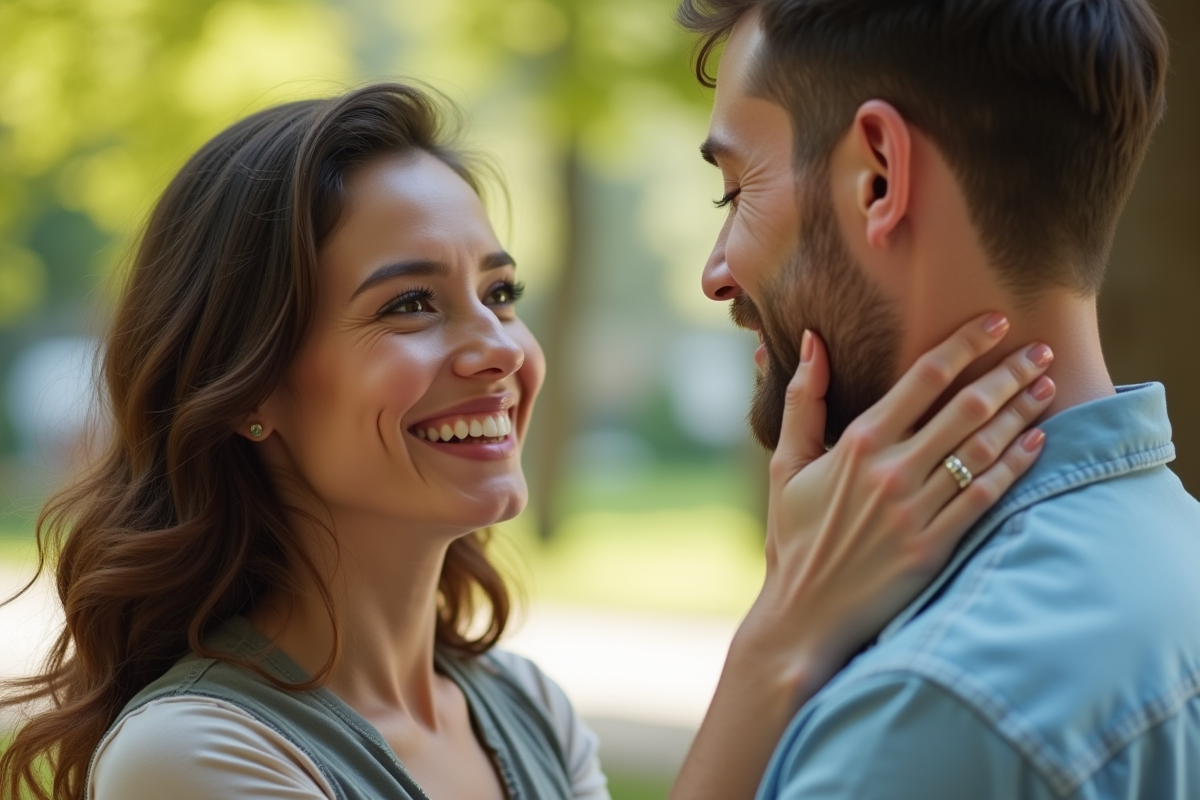 Femme souriante touchant le visage de son partenaire dans un parc en plein air