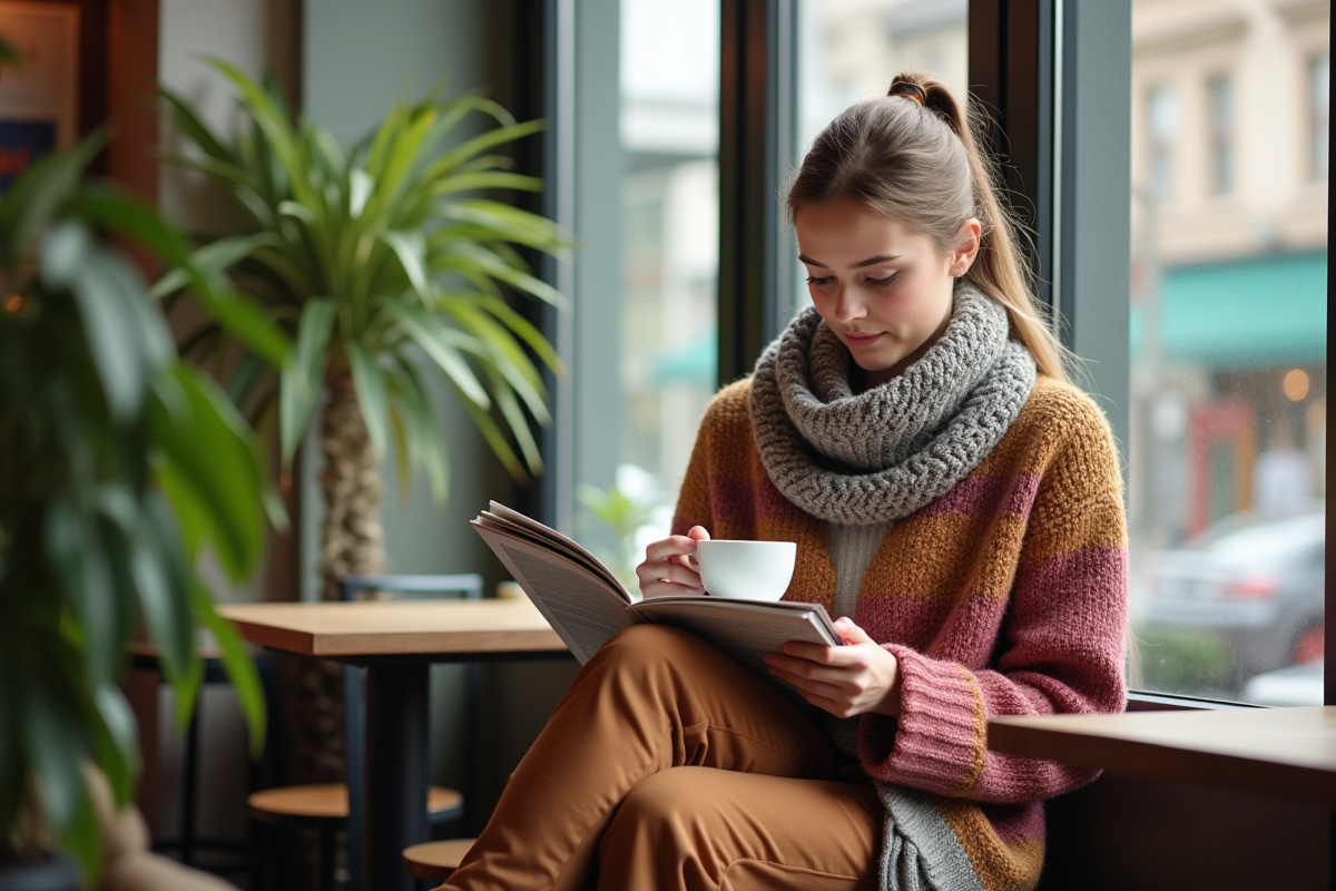 Jeune femme suédoise dans un café scandinave cosy