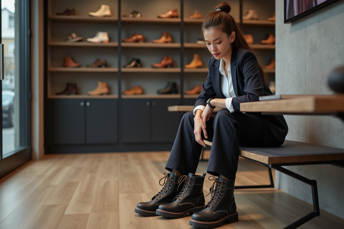 Femme en bureau comparant des bottes durables en magasin