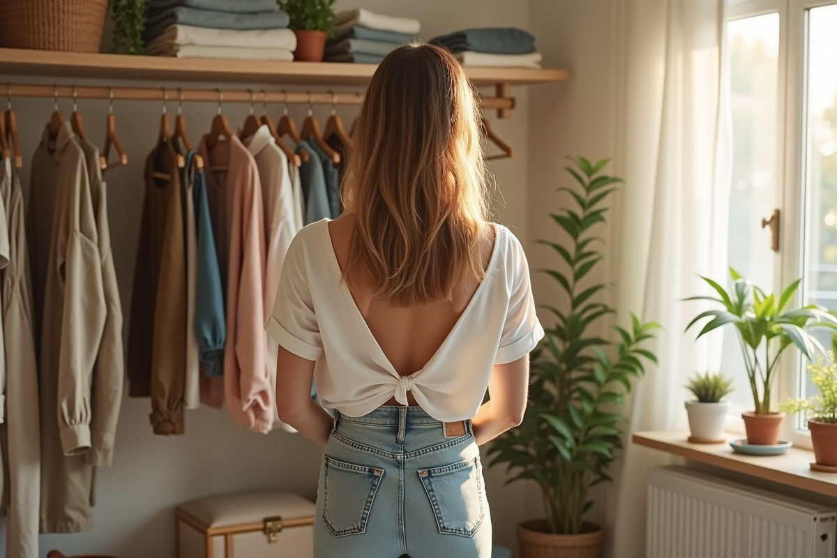 Jeune femme choisissant des vêtements dans une garde-robe lumineuse