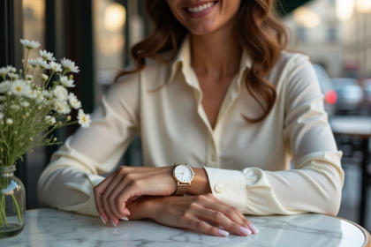 Femme élégante portant une montre en satin crème