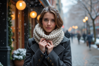Femme en manteau d'hiver et écharpe en laine dans la rue