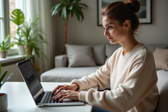 Jeune femme regardant le site Shein sur son ordinateur portable