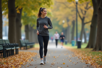 Femme en marche dans un parc urbain automnal avec sourire naturel