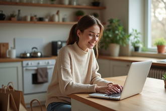 Jeune femme souriante utilisant un ordinateur dans une cuisine moderne