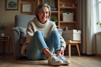 Femme assise dans un salon essayant des baskets confortables