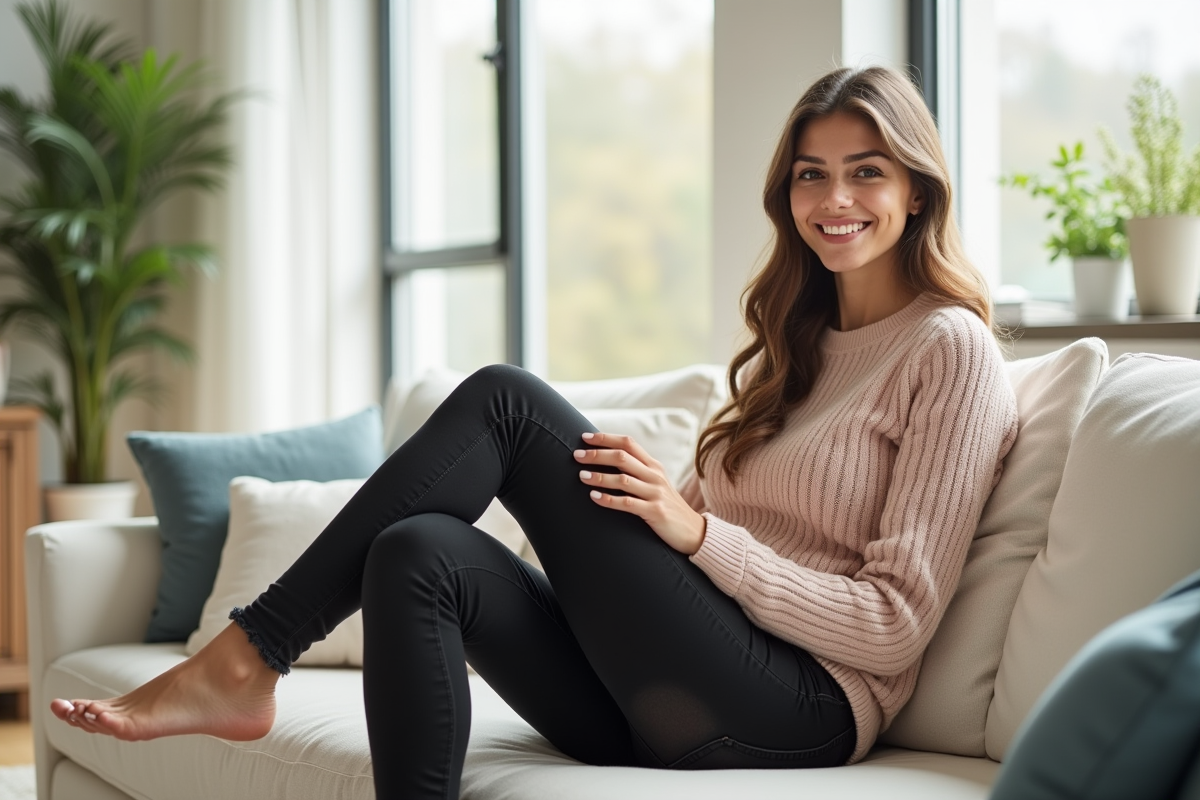 Femme souriante en jeans noirs dans un salon lumineux