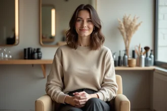 Femme souriante dans un salon moderne et minimaliste