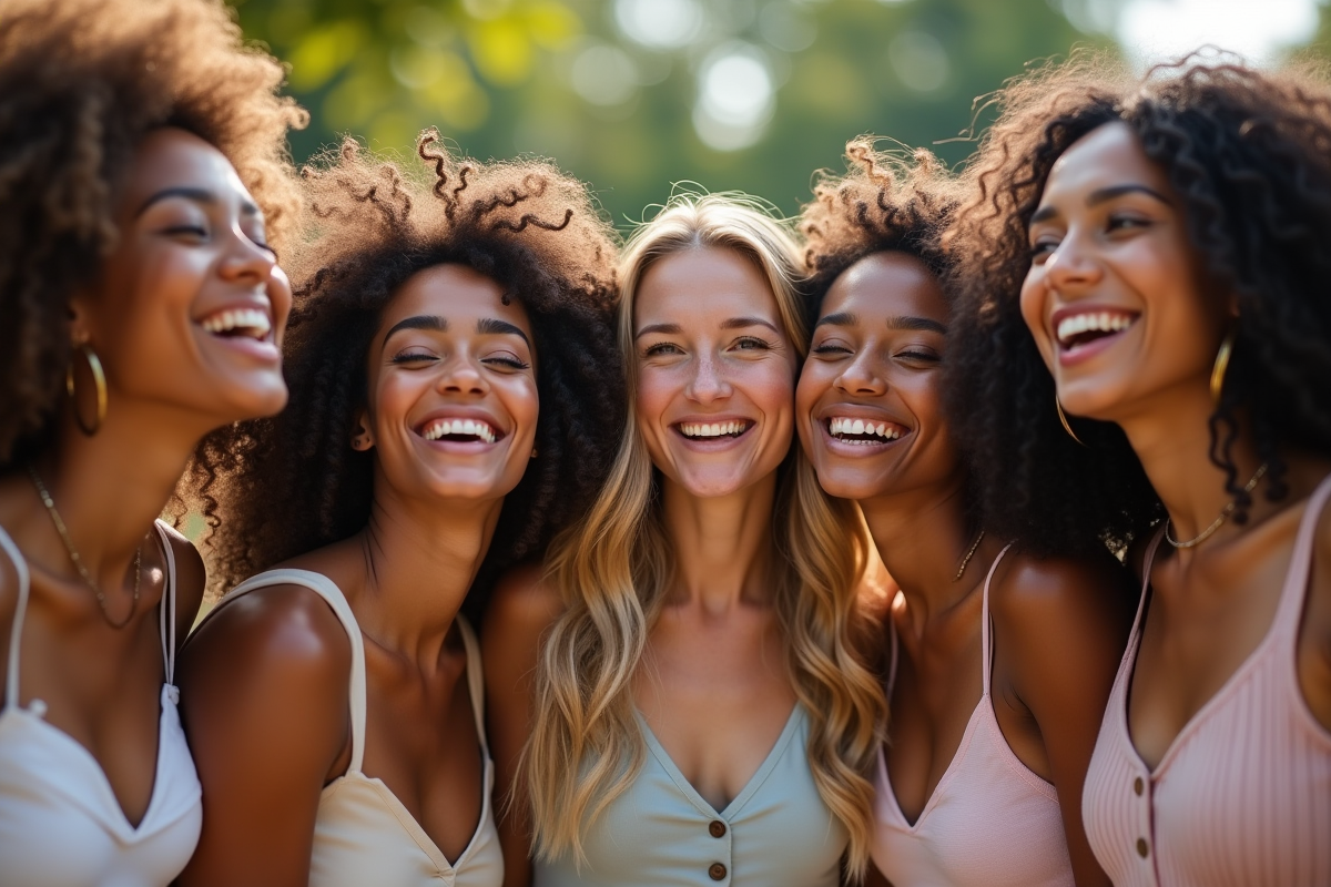 Groupe de femmes aux coiffures variées en plein air