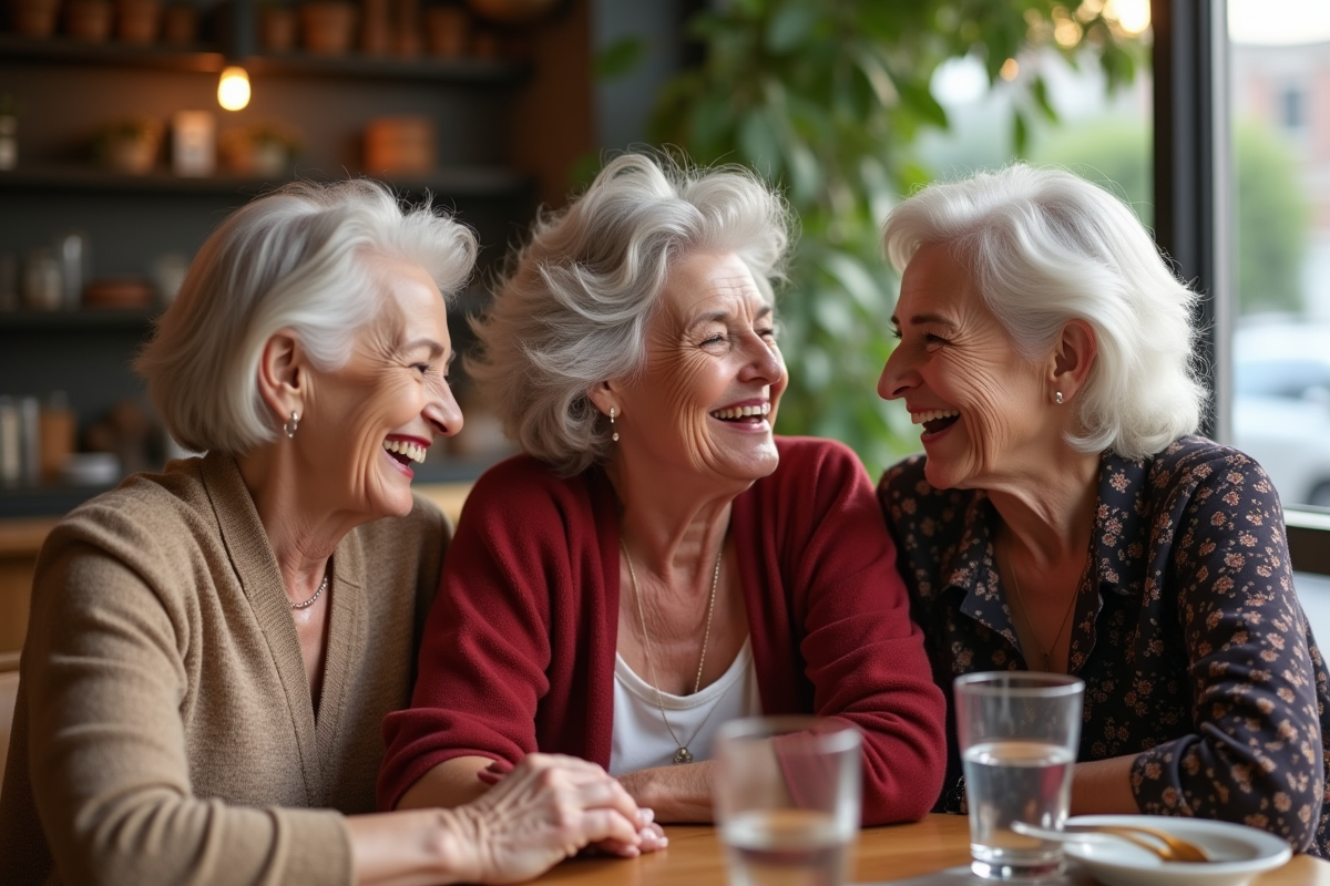 Trois femmes seniors riant ensemble au café avec rouge à lèvres