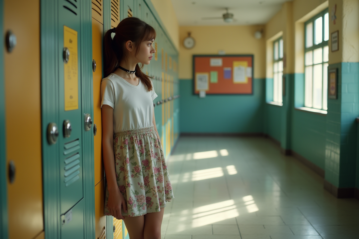 Jeune fille en robe florale dans un couloir de lycée vintage