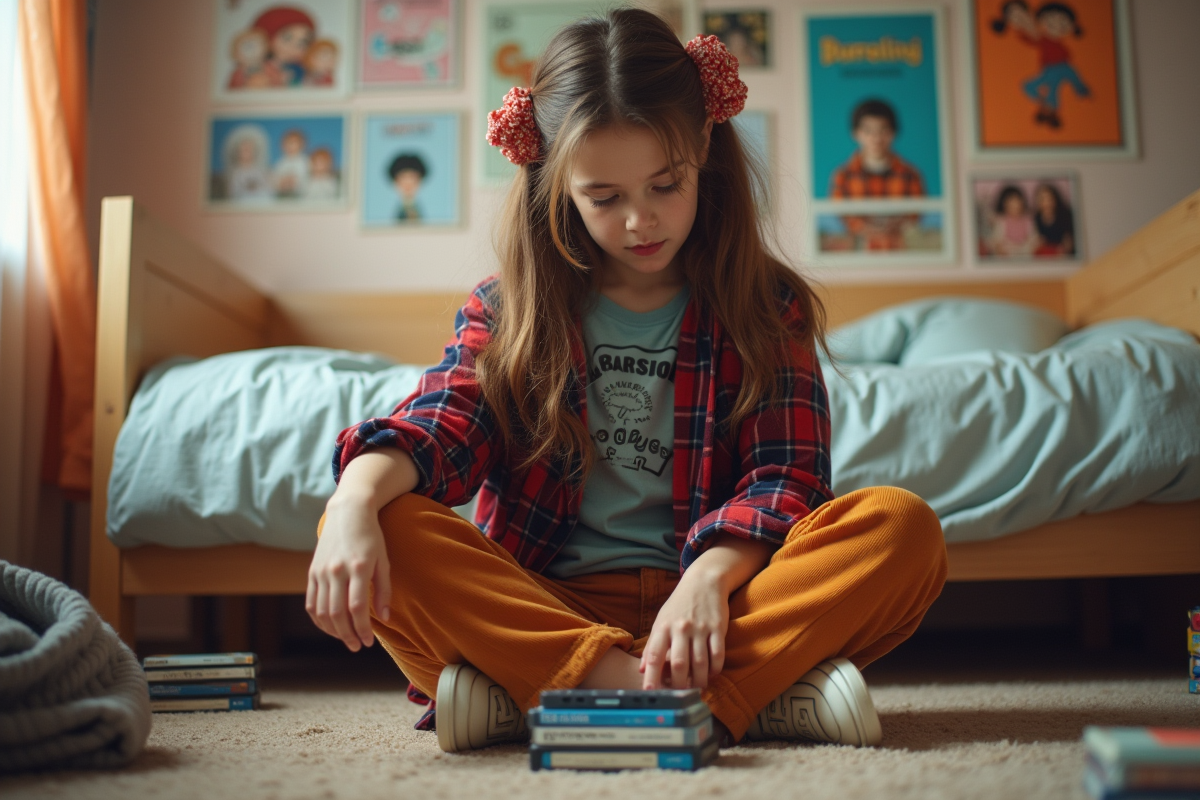 Jeune fille style 90s avec cassettes dans sa chambre