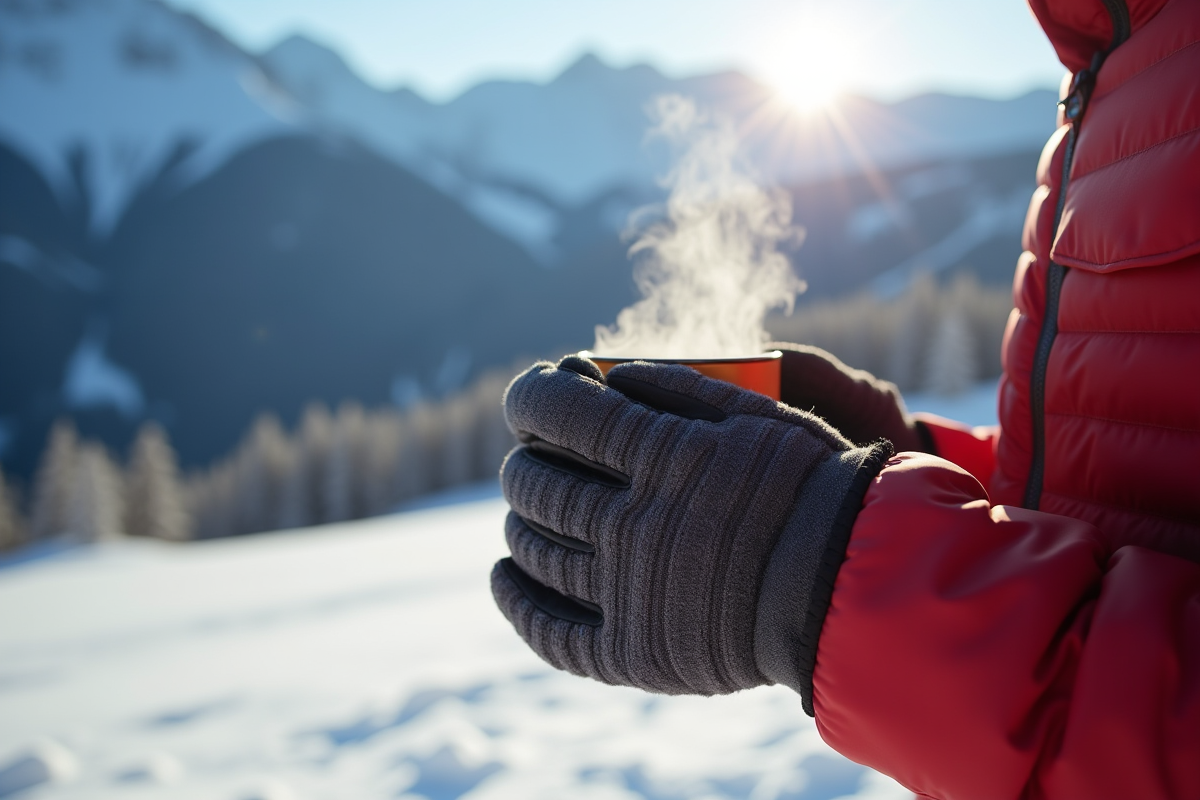 Personne portant gants isolants avec tasse en montagne enneigee