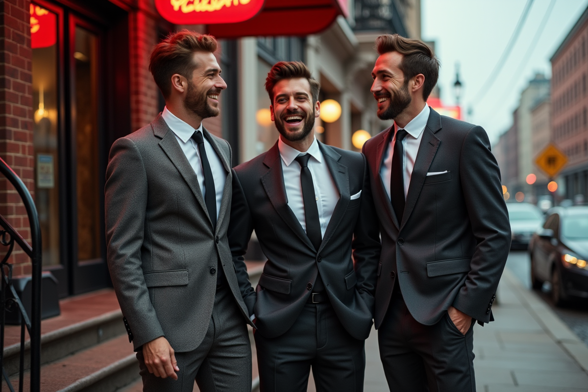 Trois hommes en tenue 90s riant sur les marches d’un lieu urbain