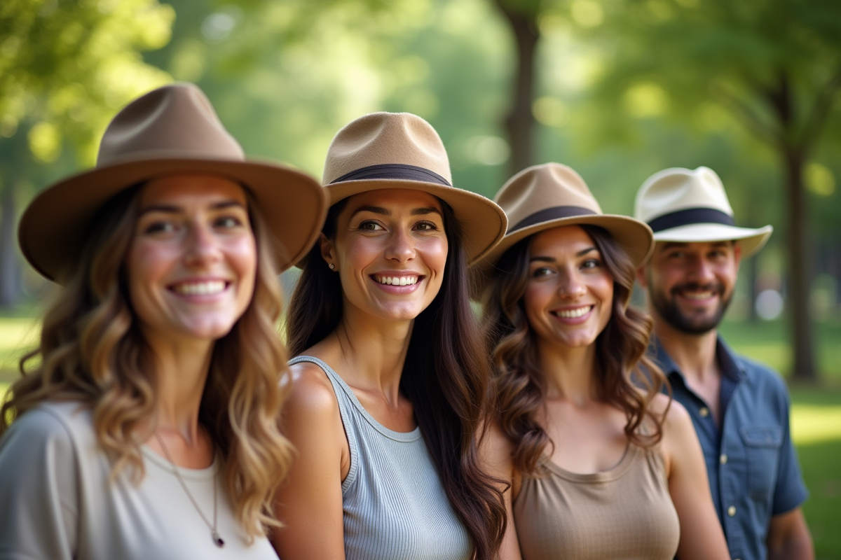 Groupe de personnes portant différents chapeaux en plein air