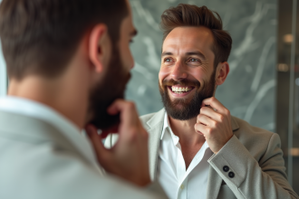 Homme avec barbe moderne en miroir dans un bain minimaliste