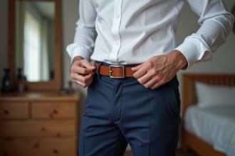 Homme en mode ajustant sa ceinture en cuir marron
