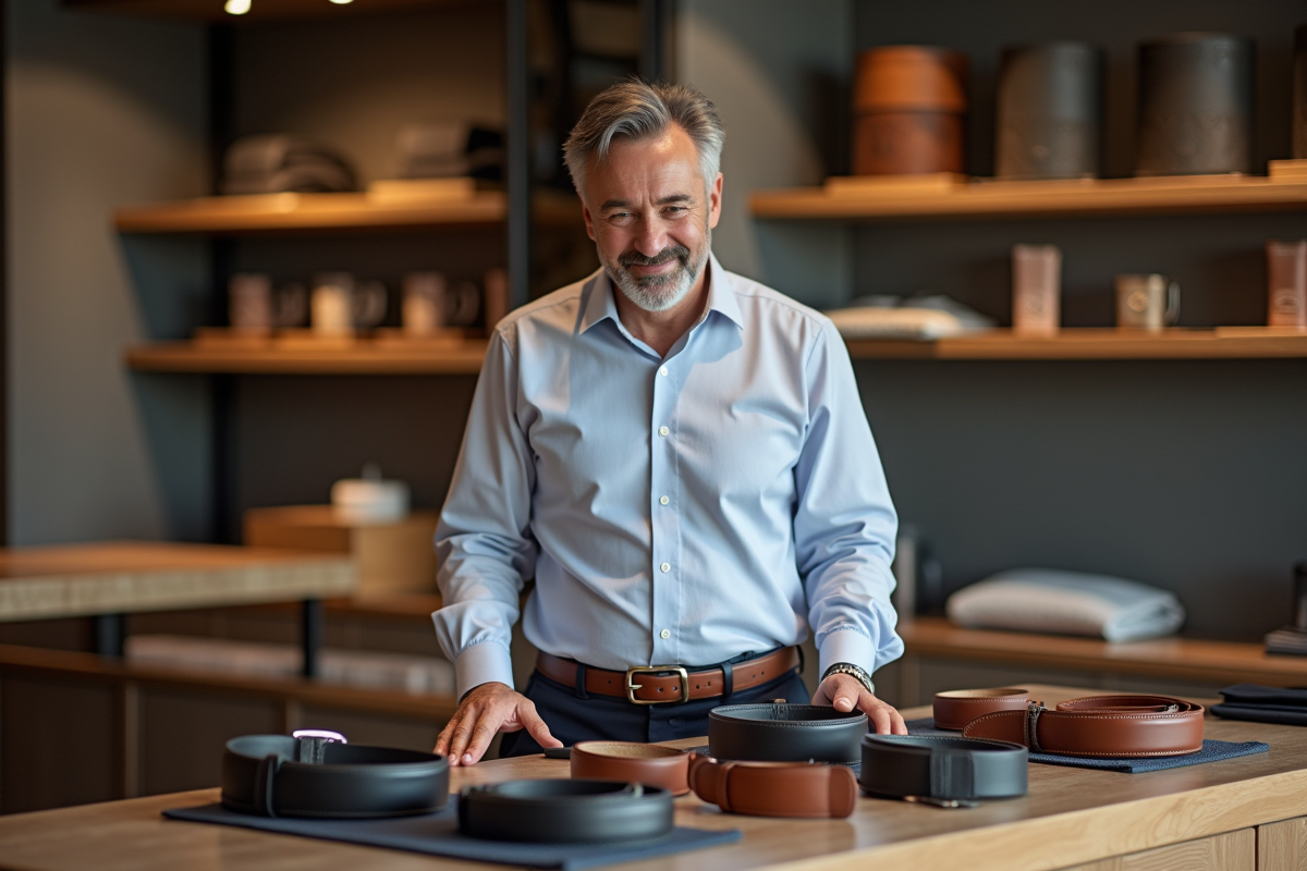 Homme d'âge moyen choisissant une ceinture XL en boutique élégante