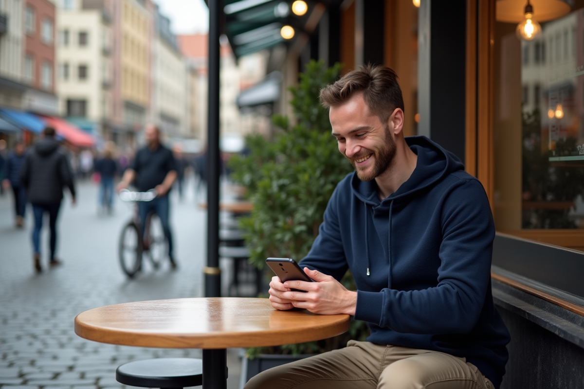 Jeune homme lisant un code promo dans un café urbain