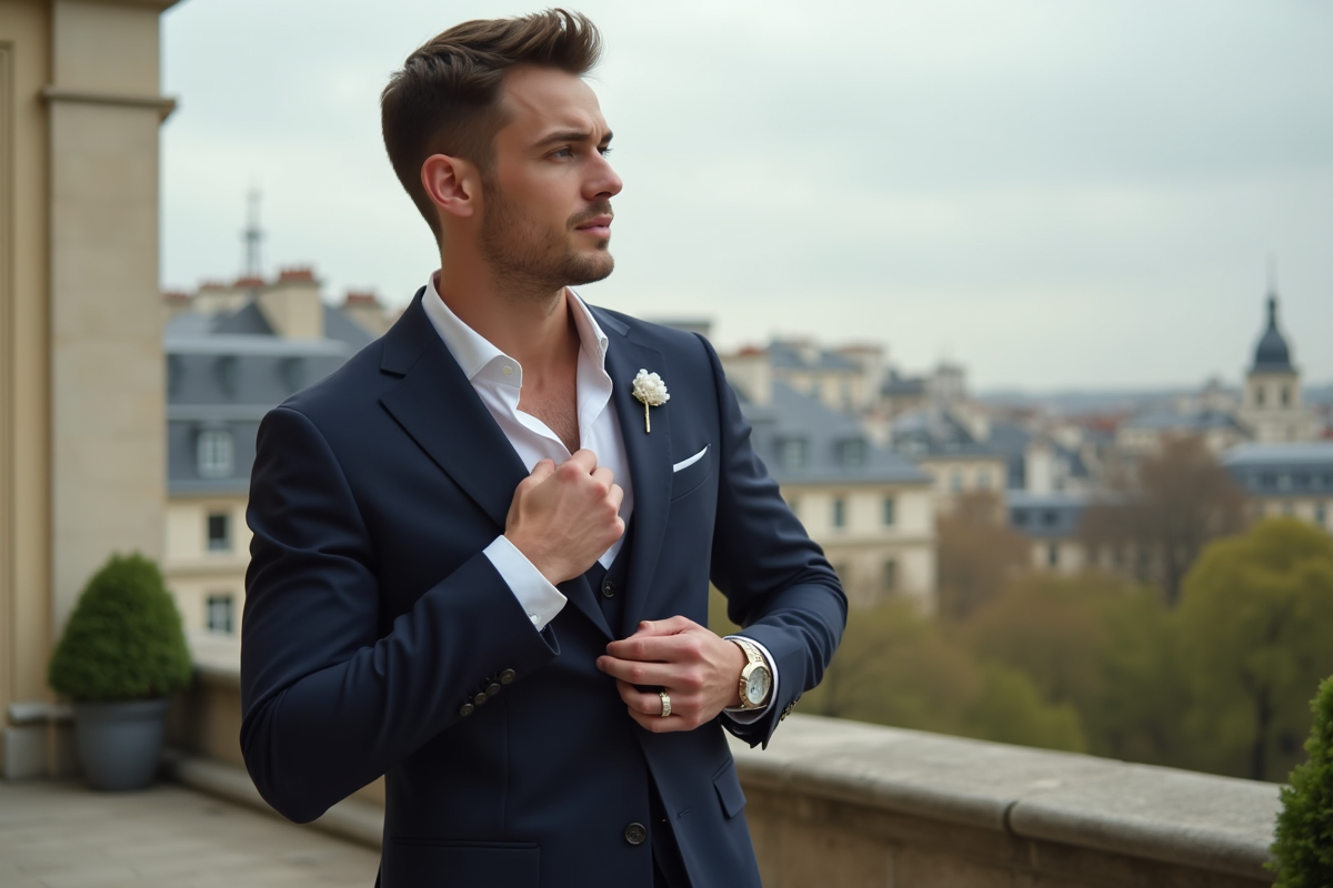 Homme en costume ajusté ajustant une broche en perles