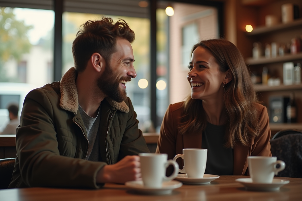 Homme et femme riant dans un cafe moderne