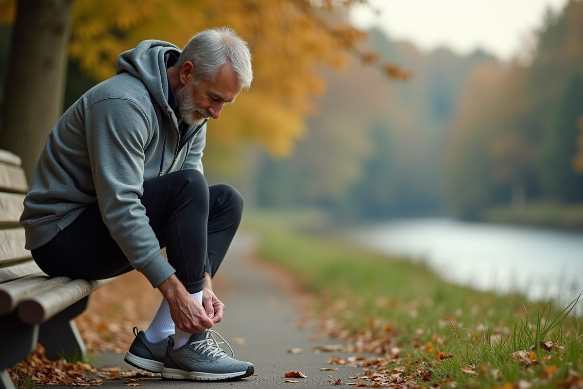 Homme âgé attache ses chaussures près d