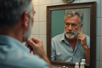 Homme d'âge moyen se regardant dans le miroir de la salle de bain
