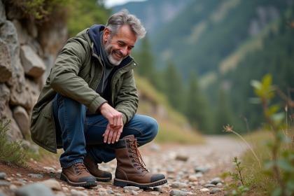 Homme en jeans inspectant sa chaussure de randonnee usée