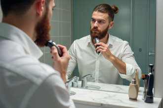Homme en train de façonner sa barbe en ducktail dans la salle de bain