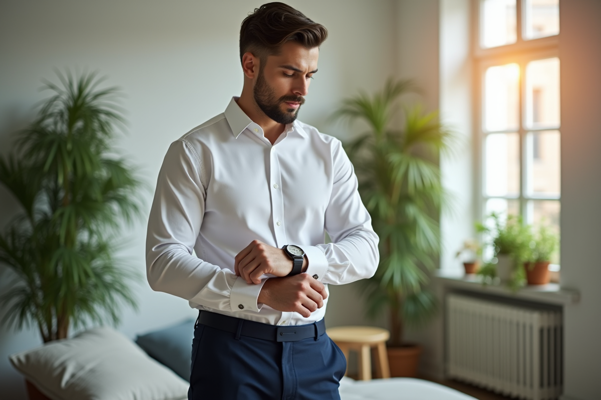 Homme en chemise blanche ajustant sa montre dans un appartement lumineux