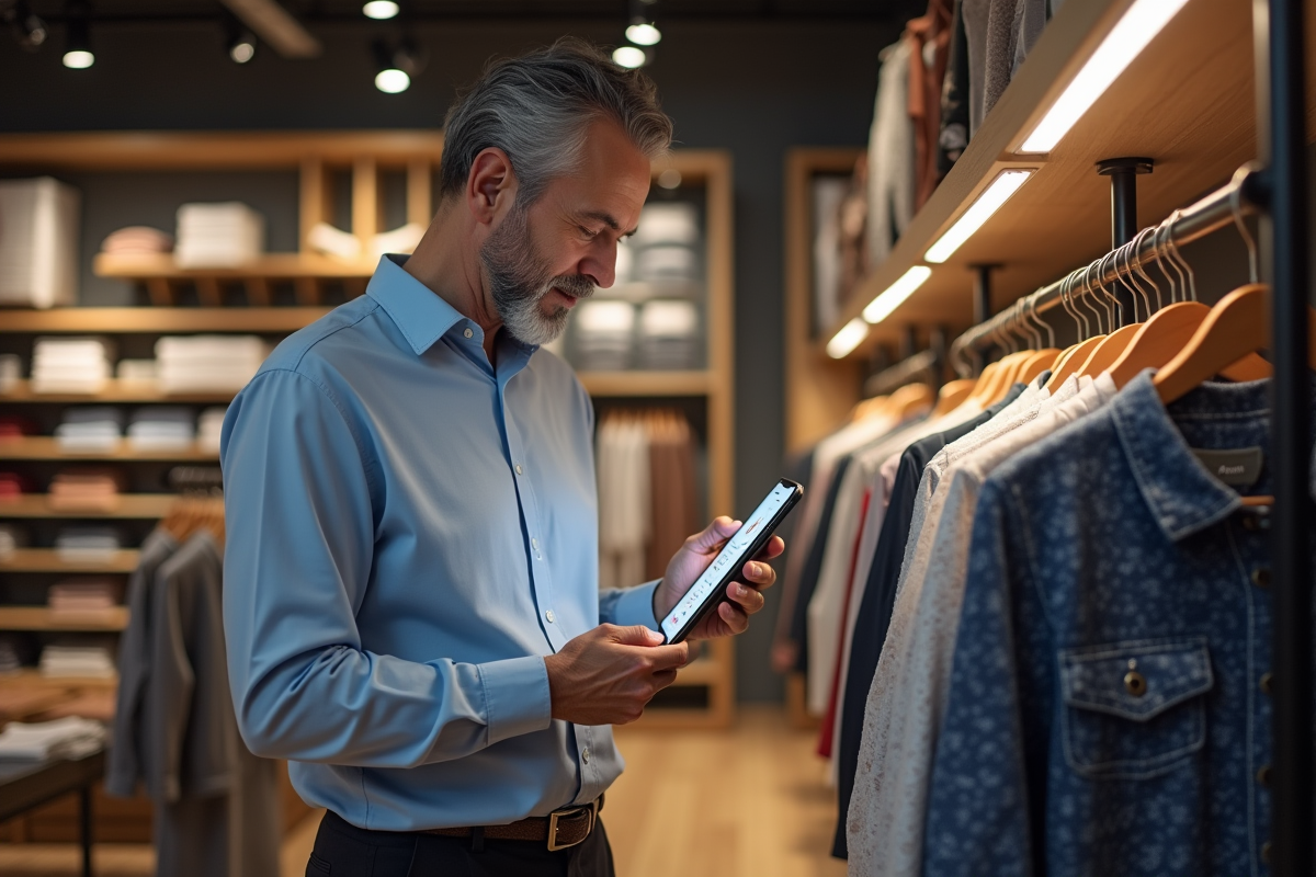Homme comparant un téléphone et un vêtement dans une boutique
