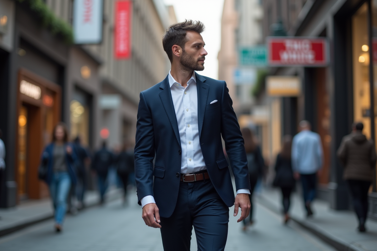 Homme en costume dans une rue urbaine animée