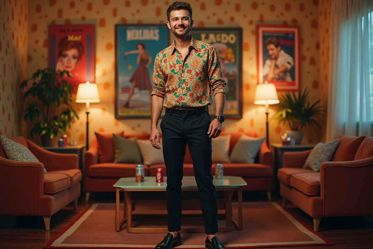 Homme souriant en tenue vintage dans une ambiance années 90