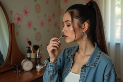 Jeune femme appliquant rouge à lèvres dans un décor vintage