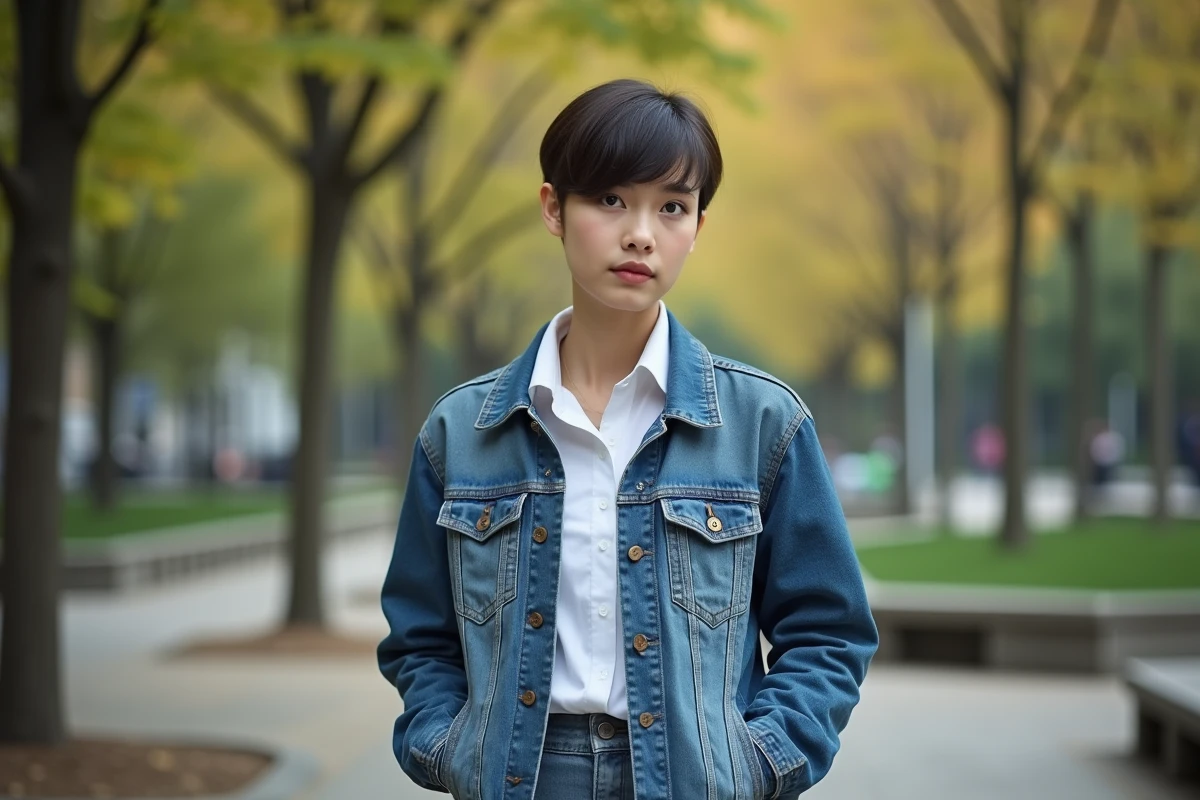 Jeune femme en jean dans un parc urbain