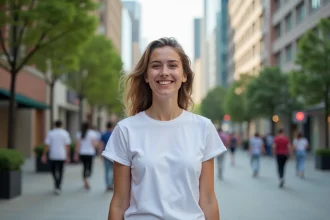 Jeune femme souriante dans une rue urbaine dynamique