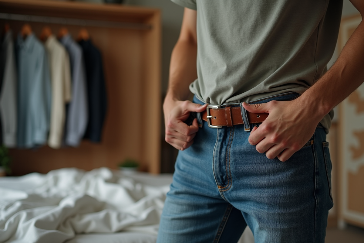 Jeune homme ajustant une ceinture dans une chambre chaleureuse