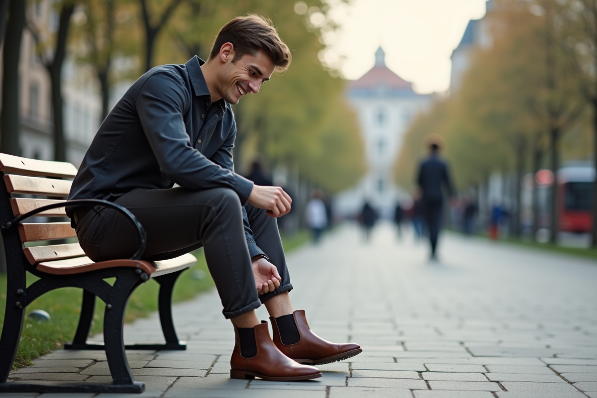 Jeune homme en ville ajustant ses chaussures en cuir
