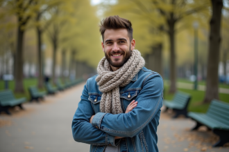 Jeune homme français en ville avec barbe et sourire