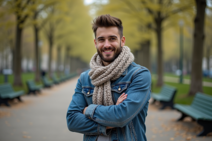 Jeune homme français en ville avec barbe et sourire