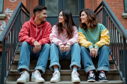Groupe de jeunes adultes en mode 90s sur un escalier urbain